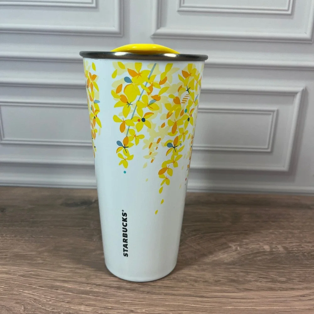 Starbucks Tumbler Thailand Cassia Fistula 16oz White Yellow Floral Stainless Mug - Picture 3 of 11